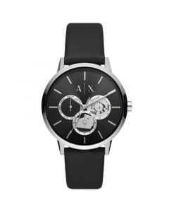 Men's Multifunction Black Leather Strap Watch, 42mm