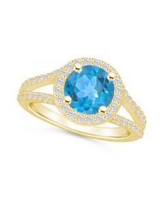 Blue Topaz (2-3/8 ct. t.w.) and Diamond (1/2 ct. t.w.) Halo Ring in 14K Yellow Gold