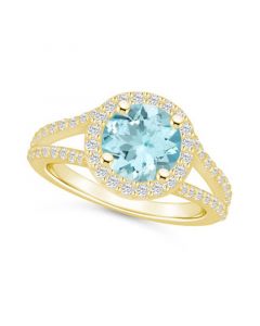 Aquamarine (1-7/8 ct. t.w.) and Diamond (1/2 ct. t.w.) Halo Ring in 14K Yellow Gold