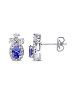 Tanzanite and Diamond Floral Halo Earrings in 14K White Gold