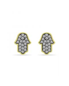 Cubic Zirconia with Black Rhodium Hamsa Stud Earrings, 18K Gold over Silver