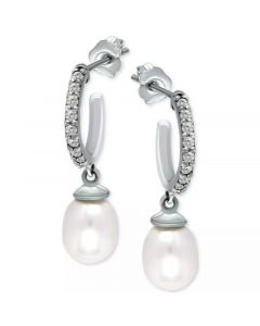 Freshwater Pearl (8 x 6mm) & Cubic Zirconia Dangle Hoop Earrings, Created for Macy's