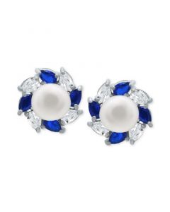 Freshwater Pearl (5mm), Lab-Created Blue Sapphire (1/3 ct. t.w.), & Cubic Zirconia Halo Stud Earrings in Sterling Silver, Created for Macy's