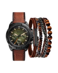 Men's Cognac Faux-Leather Strap Watch 51mm Gift Set