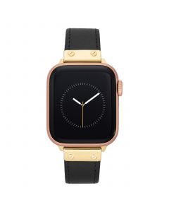 Women's Black Genuine Leather Strap with Gold-Tone Stainless Steel Accents for Apple Watch, Compatible with 38mm, 40mm, 41mm