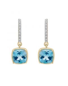 Blue Topaz and Diamond Accent Cushion Earring in 14K Yellow Gold Over Sterling Silver