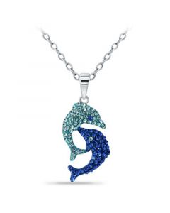 Crystal Two Dolphin Pendant Sterling Silver Necklace