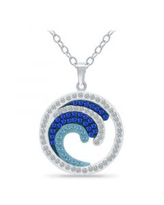 Crystal Ocean Waves Circle Pendant Sterling Silver Necklace