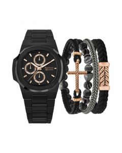 Men's Matte Black Metal Alloy Bracelet Watch 52mm Gift Set