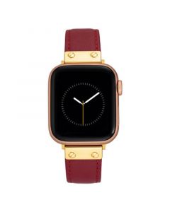 Women's Red Genuine Leather Strap with Gold-Tone Stainless Steel Accents for Apple Watch, Compatible with 42mm, 44mm, 45mm