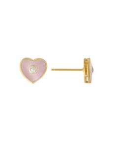 Clear Cubic Zirconia and Pink Enameled Heart Stud Earrings