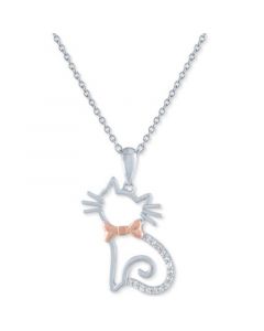 Diamond Accent Cat with Bowtie Pendant Necklace in Sterling Silver & 14k Rose Gold-Plate, 16" + 2" extender