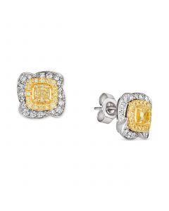 Sunny Yellow Diamond (5/8 ct. t.w.) & Vanilla Diamond (1/3 ct. t.w.) Double Halo Stud Earrings in Platinum & 14k Gold