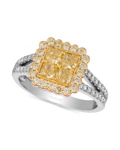 Sunny Yellow Diamond (1-1/6 ct. t.w.) & Vanilla Diamond (1/4 ct. t.w.) Quad Cluster Halo Ring in Platinum & 18k Gold