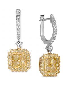 Sunny Yellow Diamond (1-1/2 ct. t.w.) & Vanilla Diamond (1/3 ct. t.w.) Quad Cluster Halo Drop Earrings in Platinum & 18k Gold