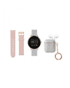 Women's Blush, Silver-Tone Silicone Strap Smartwatch with Earbud 43mm Set- 3 Pieces