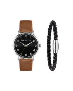 Men's Phylipa Brown Leather Strap Watch 43mm and Bracelet Gift Set, 2 Pieces