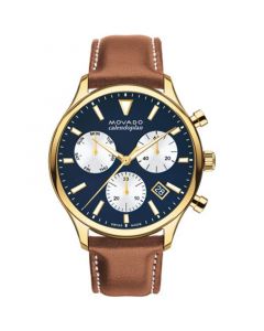 Men's Heritage Calendoplan Swiss Quartz Chronograph Cognac Genuine Leather Strap Watch 43mm