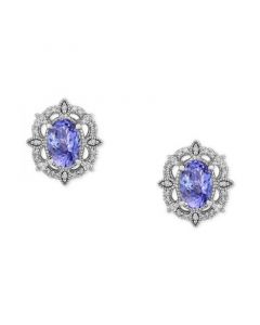 Tanzanite (7/8 ct. t.w.) & Diamond (1/8 ct. t.w.) Halo Vintage-Look Oval Stud Earrings in 14k White Gold