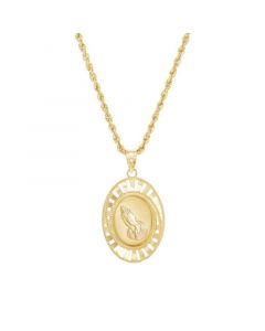 Praying Hands Serenity Prayer Oval Open Frame 24" Pendant Necklace in 14k Gold