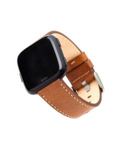 Brown Premium Leather Band with White Stitching Compatible with the Fitbit Versa and Fitbit Versa 2