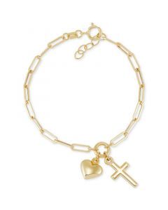 Children's Cross & Heart Paperclip Link Charm Bracelet in 14k Gold