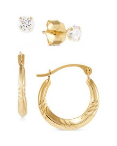 2-Pc. Set Cubic Zirconia Stud & Textured Hoop Earrings in 10k Gold