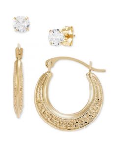 2-Pc. Set Cubic Zirconia Stud & Textured Greek Key Hoop Earrings in 10k Gold