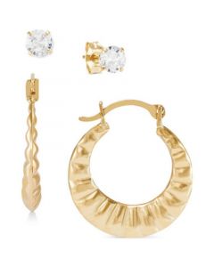 2-Pc. Set Cubic Zirconia Stud & Crimped Hoop Earrings in 10k Gold