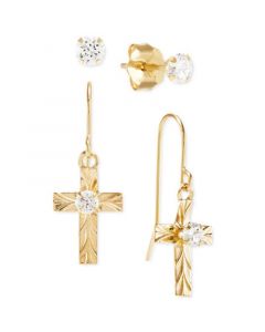 2-Pc. Set Cubic Zirconia Solitaire Stud Earrings & Cross Drop Earrings in 10k Gold