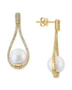 EFFY® Freshwater Pearl (7-1/2mm) & Diamond (5/8 ct. t.w.) Drop Earrings in 14k Gold