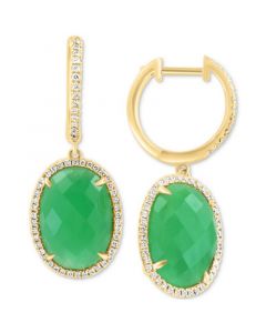 EFFY® Dyed Green Jade & Diamond (1/3 ct. t.w.) Oval Dangle Hoop Earrings in 14k Gold