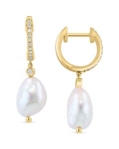 EFFY® Freshwater Pearl (7-1/2mm) & Diamond (1/8 ct. t.w.) Dangle Hoop Earrings in 14k Gold