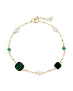 EFFY® Freshwater Pearl (4-1/2mm), Malachite, & Emerald (1/4 ct. t.w.) Link Bracelet in 14k Gold