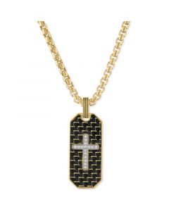 Diamond Cross Woven Carbon Fiber Dog Tag 22" Pendant Necklace (1/6 ct. t.w.) in Gold-Tone Ion-Plated Stainless Steel, Created for Macy's