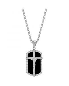 Men's Crucifix Dog Tag with Onyx & White Cubic Zirconia (1-1/2 ct.tw.) 22" Necklace in Sterling Silver