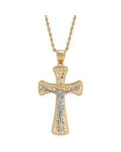 Men's Polished Nugget Crucifix 22" Pendant Necklace in 10k Yellow & White Gold