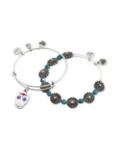 Silver-Tone 2-Pc. Set Sugar Skull Charm & Wildflower Beaded Expandable Bangle Bracelets