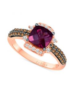 Raspberry Rhodolite (1-5/8 ct. t.w.) & Diamond (3/8 ct. t.w.) Cushion Halo Ring in 14k Rose Gold