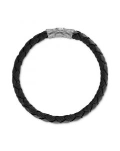 Black Leather Woven Bracelet in Sterling Silver (Also in Brown Leather & Blue Leather), Created for Macy's