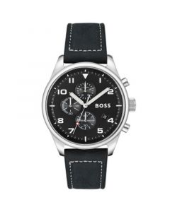 Men's View Black Genuine Leather Strap Watch, 44mm