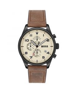 Men's View Brown Genuine Leather Strap Watch, 44mm