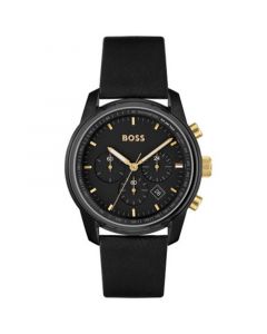 Men's Trace Black Genuine Leather Strap Watch, 44mm