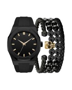 Men's Black Silicone Strap Watch 47mm Gift Set