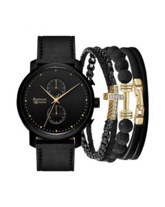 Men's Black Faux-Leather Strap Watch 44mm Gift Set