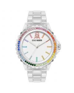 Women's Analog Clear Plastic with Rainbow Crystal Bezel Bracelet Watch, 40mm