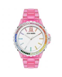 Women's Analog Transparent Pink Plastic with Rainbow Crystal Bracelet Watch, 40mm