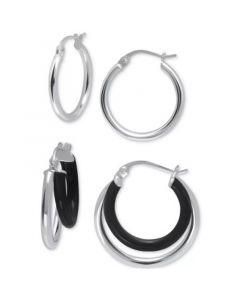 2-Pc. Set Polished and Black Enamel Small Hoop Earrings