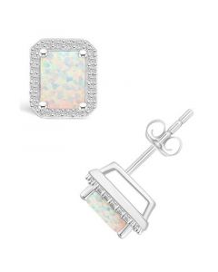 Created Opal (9/10 ct. t.w.) and Created Sapphire (1/4 ct. t.w.) Halo Studs in 10K White Gold