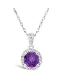 Amethyst (1-1/4 ct. t.w.) and Created Sapphire (1/6 ct. t.w.) Halo Pendant Necklace in 10K White Gold